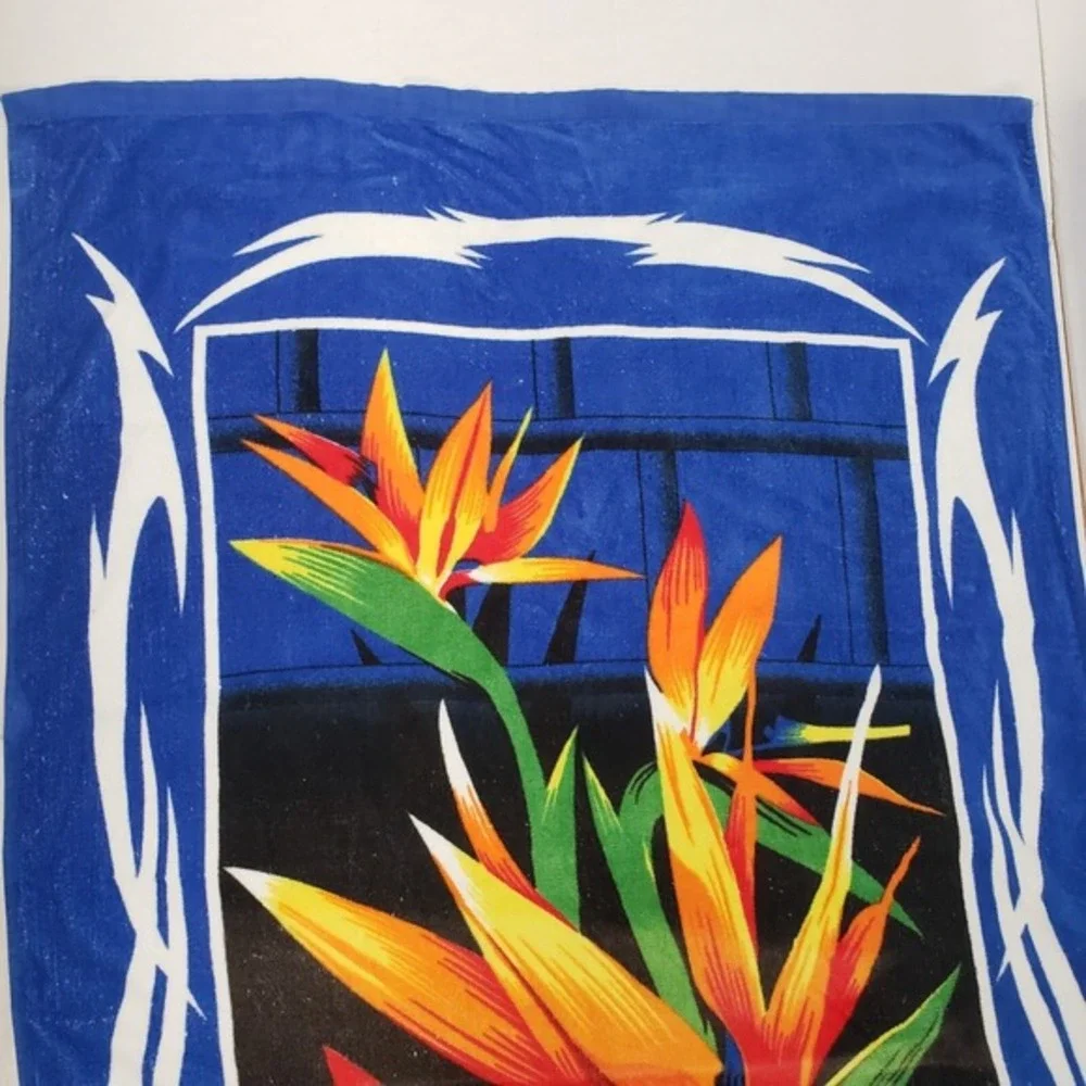 Vintage Madeira Beach Towel Bird of Paradise Tropical Tribal Floral Blue 90s Y2K